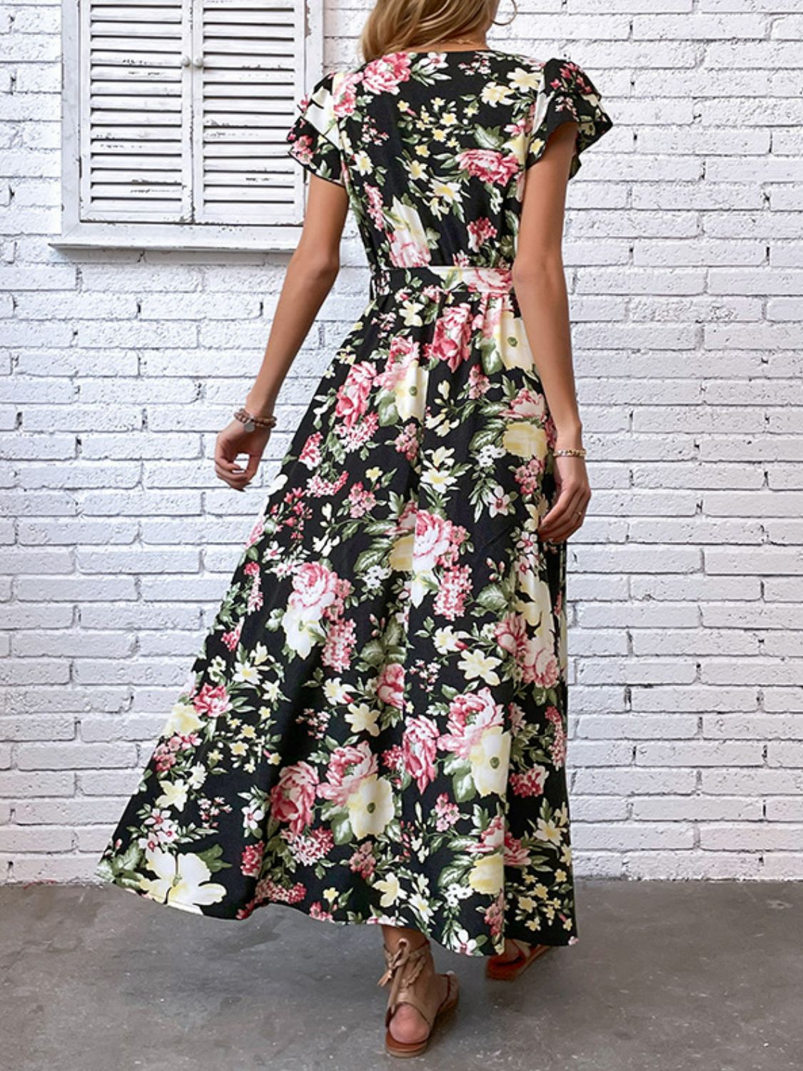 Women’s Floral Flutter Sleeve Tie-Waist Split Dress