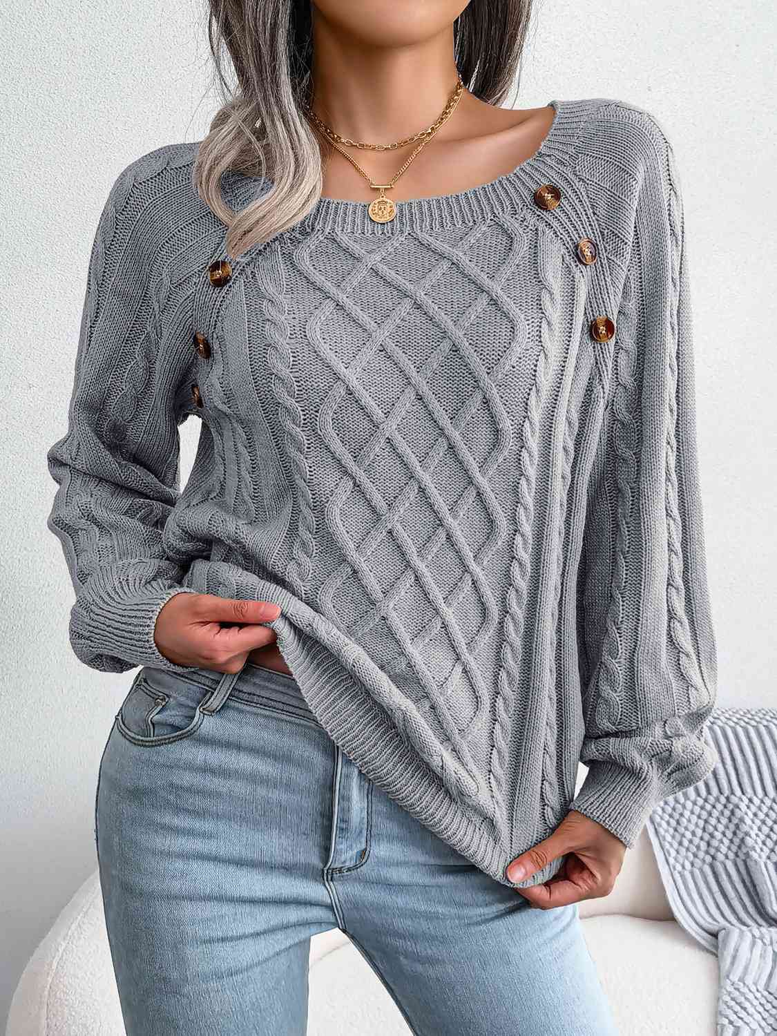 Women’s Decorative Button Cable-Knit Sweater