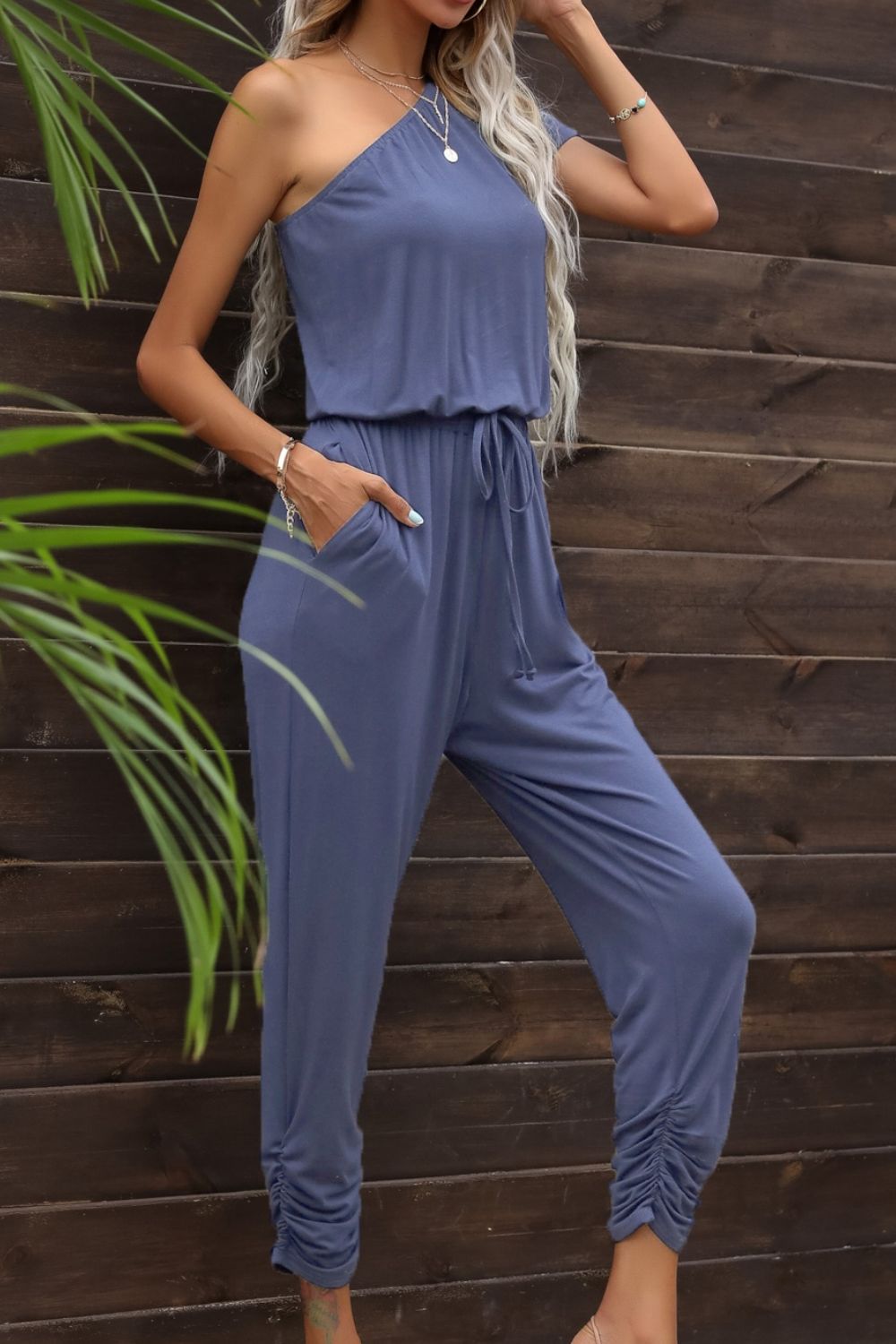 Women’s Drawstring Waist One-Shoulder Jumpsuit with Pockets