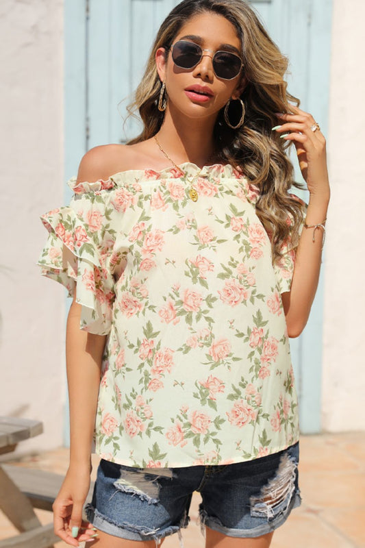 Women’s Floral Frill Trim Off-Shoulder Blouse