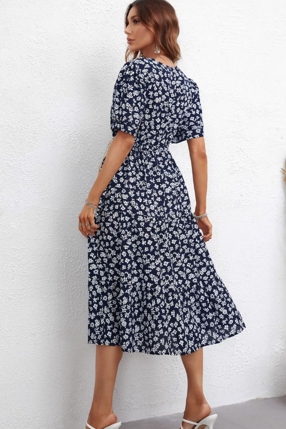 Women’s Floral Drawstring Waist Short Sleeve Midi Dress