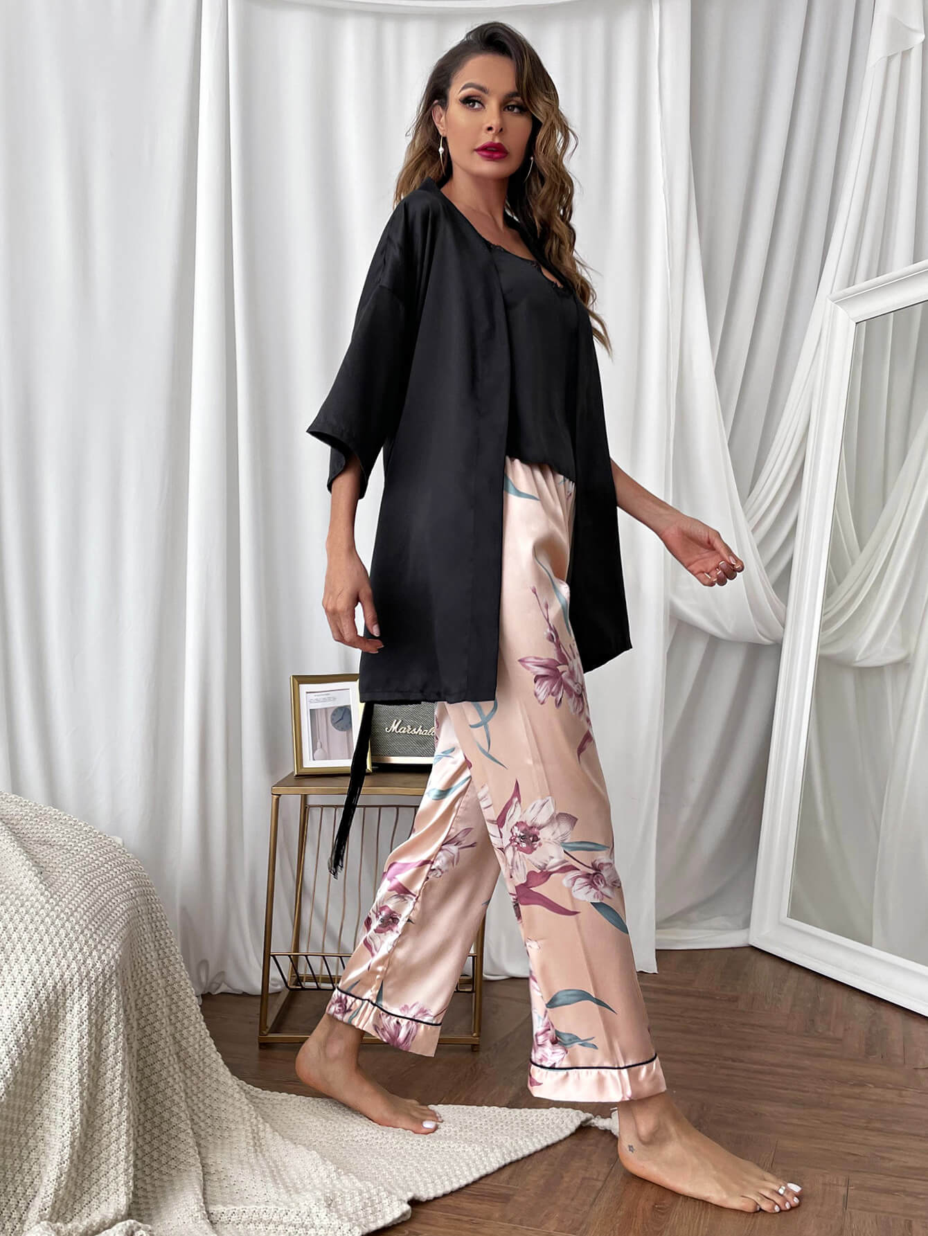 Women’s  Cami, Robe, and Printed Pants Pajama Set