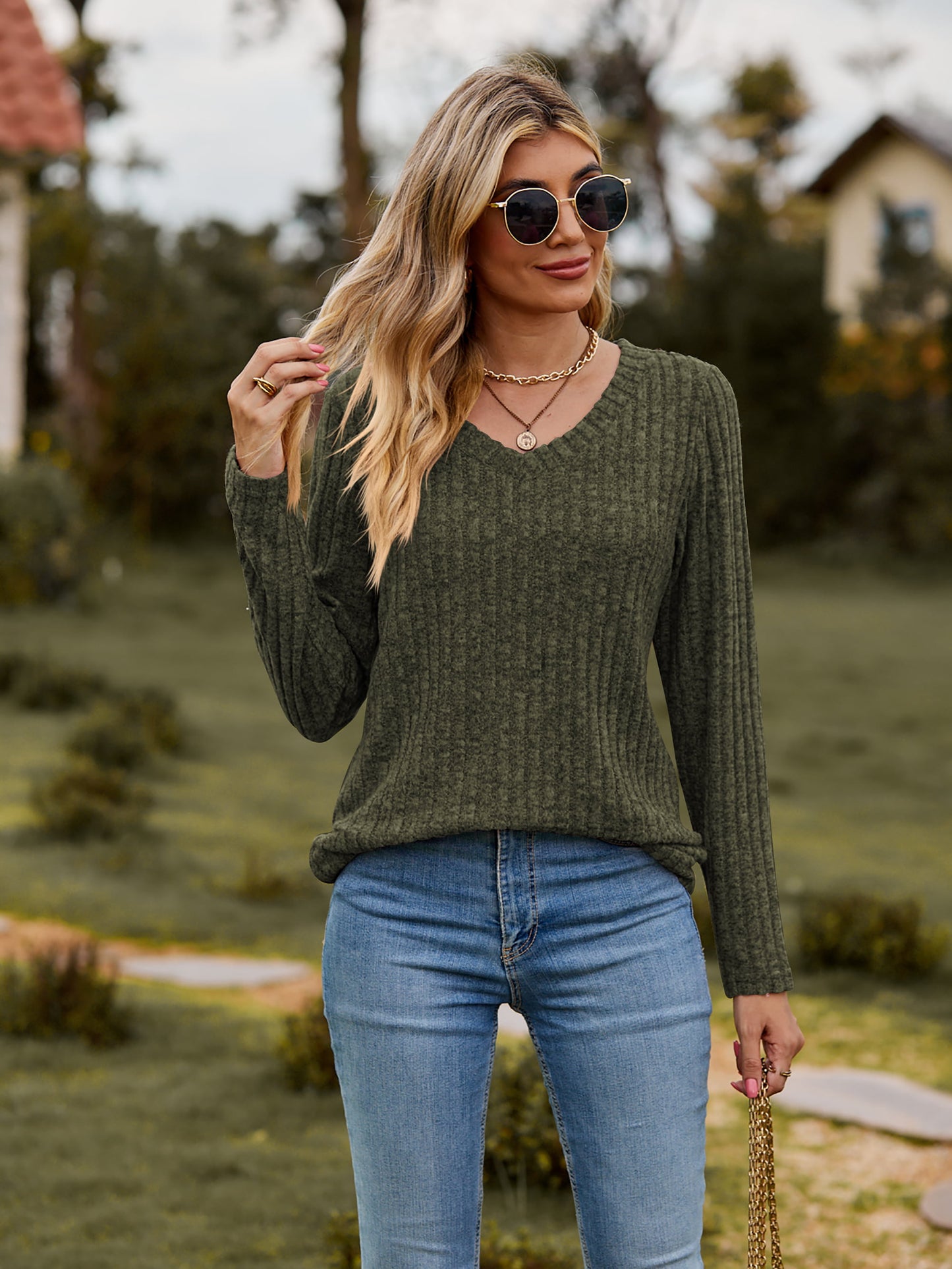 Women’s Ribbed V-Neck Long Sleeve Tee