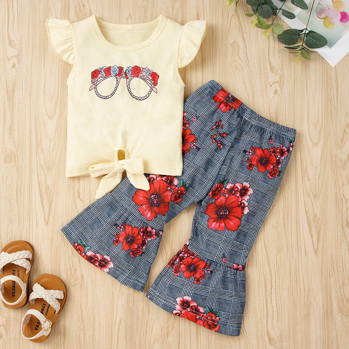 Children’s Girls Graphic Tie Hem Top and Floral Flare Pants Set