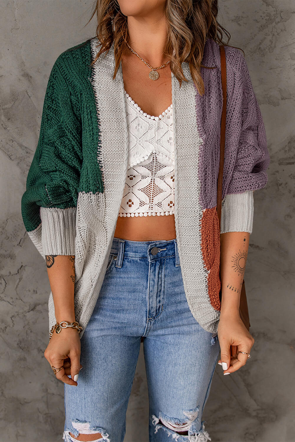 Women’s Color Block Cable-Knit Batwing Sleeve Cardigan