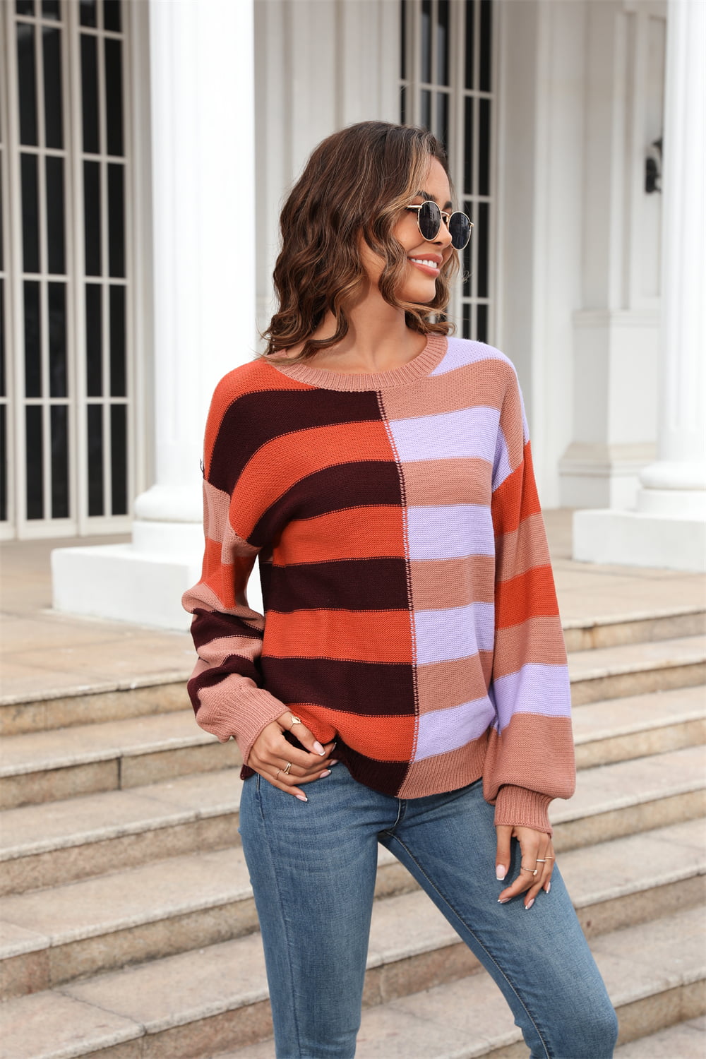 Women’s Round Neck Long Sleeve Color Block Dropped Shoulder Pullover Sweater