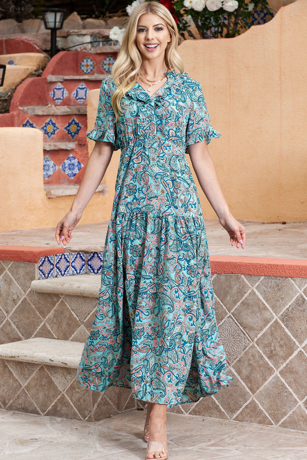 Women’s Paisley Print Flounce Sleeve Maxi Dress