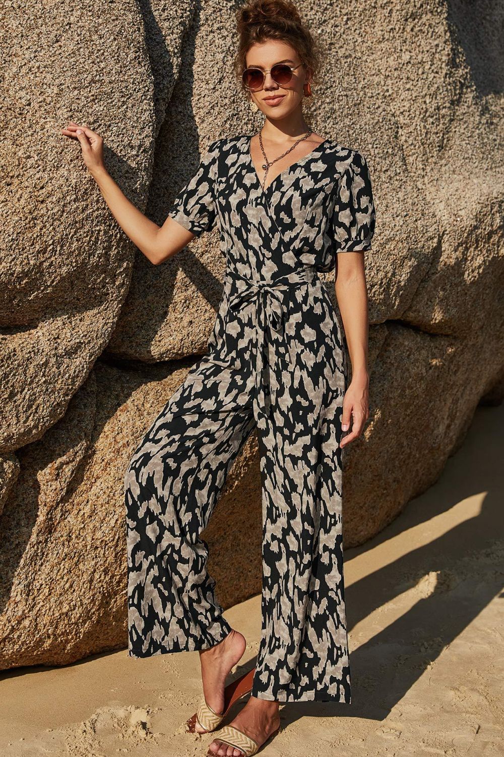 Women’s Printed Tie-Waist Surplice Jumpsuit