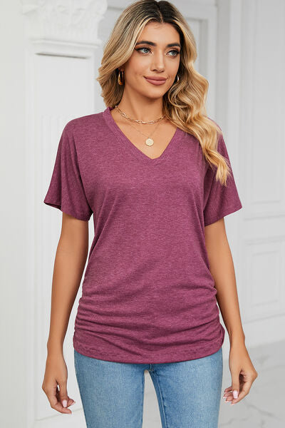 Women’s Ruched V-Neck Short Sleeve T-Shirt