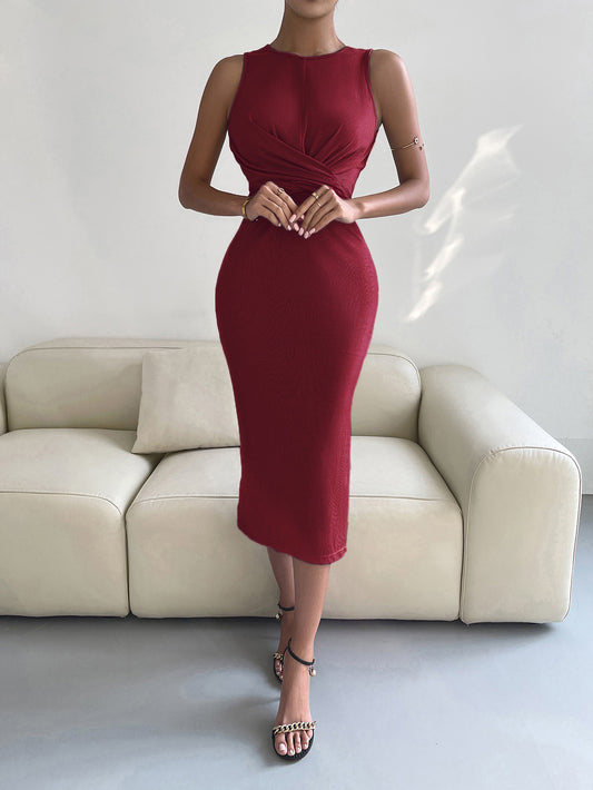 Women’s Round Neck Tie Back Slit Sleeveless Dress