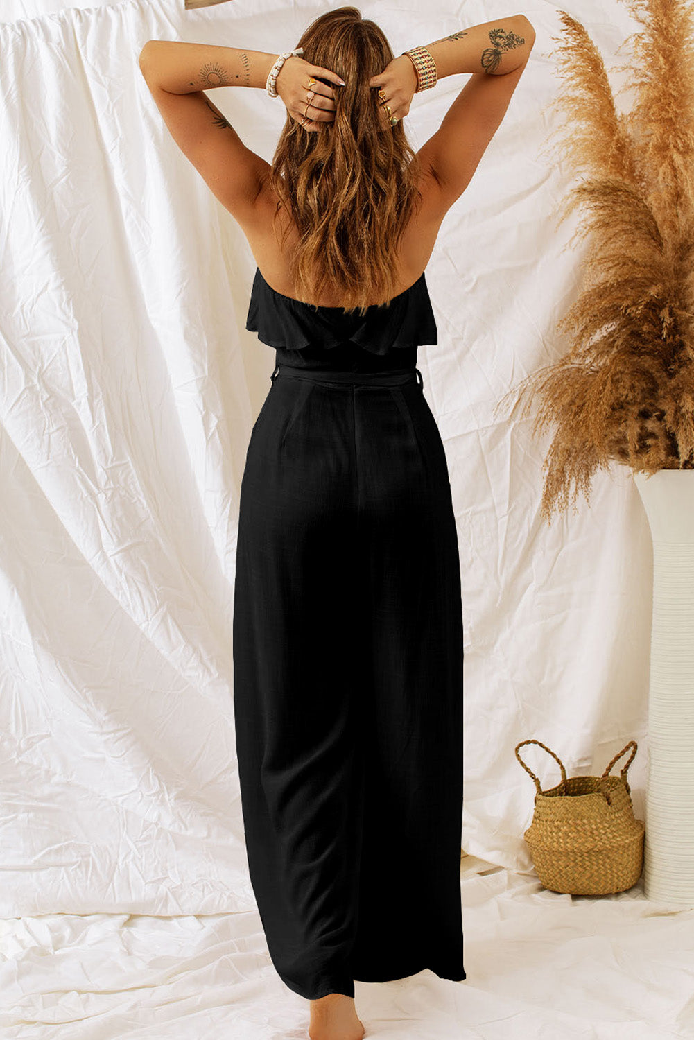 Women’s Tie-Waist Ruffled Strapless Wide Leg Jumpsuit