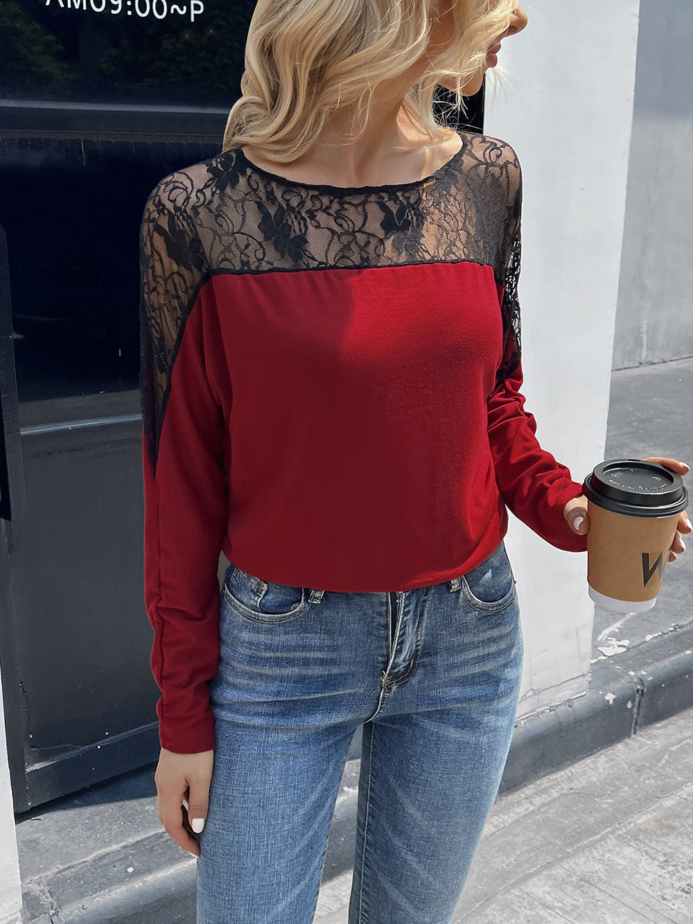Women’s Lace Long Sleeve Round Neck Tee