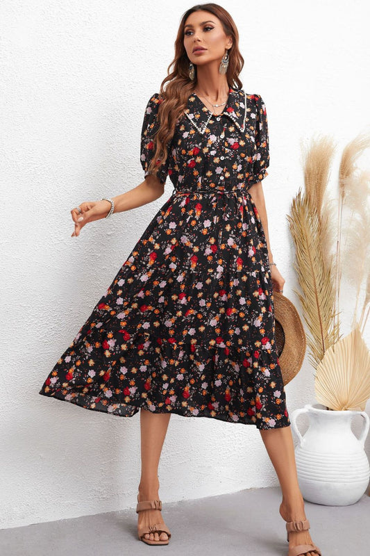 Women’s Floral Collared Neck Puff Sleeve Dress