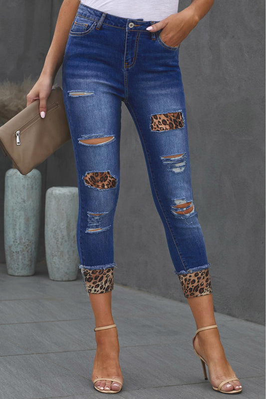 Women’s Leopard Patch Distressed Cropped Jeans