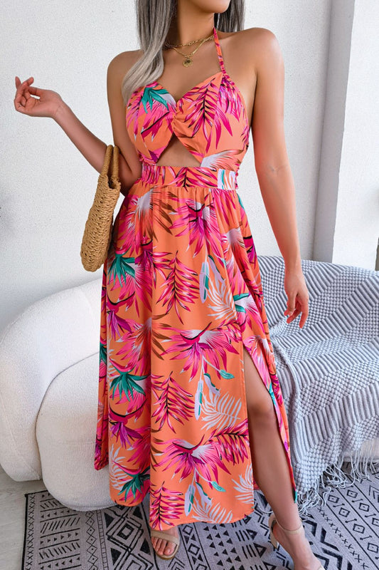 Women’s Botanical Print Tied Backless Cutout Slit Dress