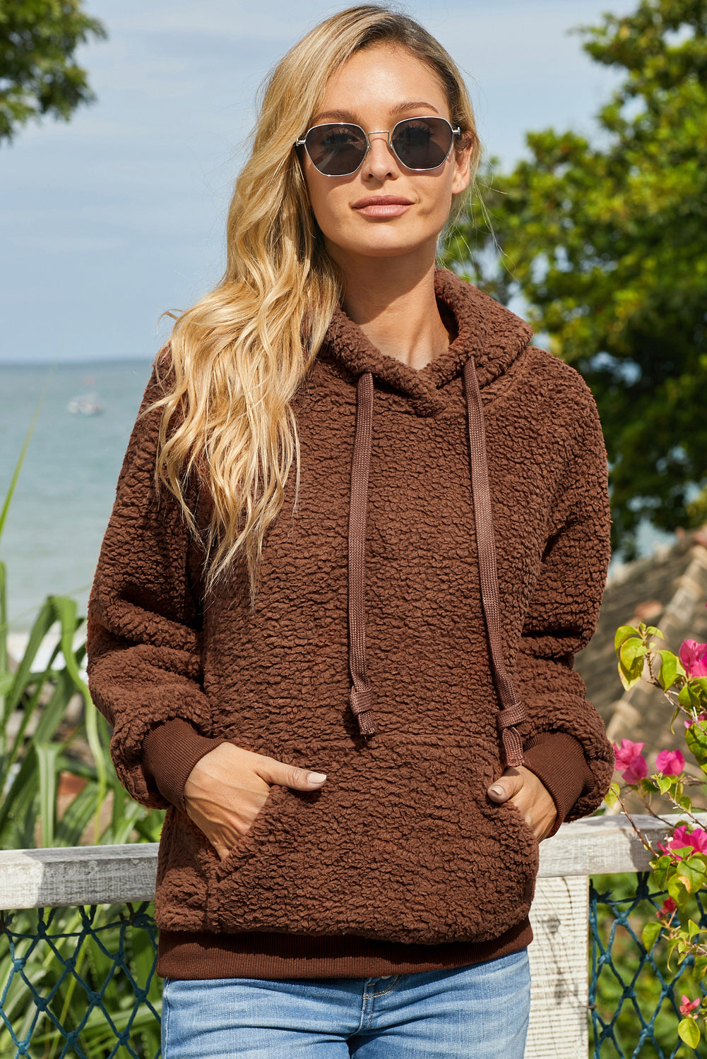 Women’s Drawstring Sherpa Hoodie with Pocket