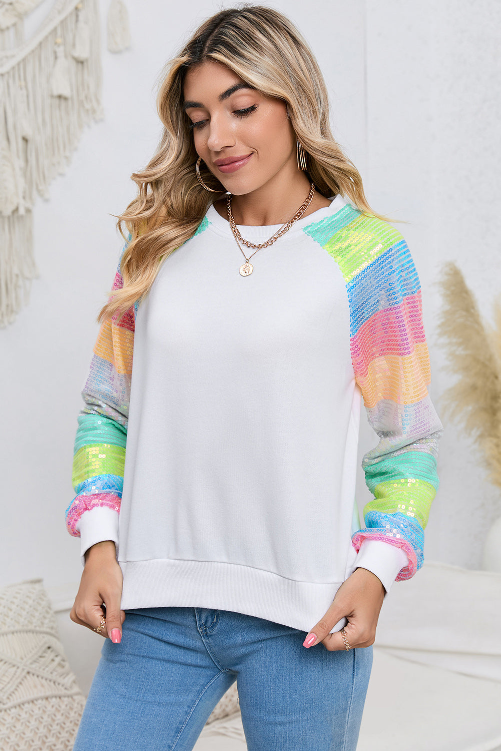 Women’s Round Neck Color Block Glitter Sleeve Sweatshirt