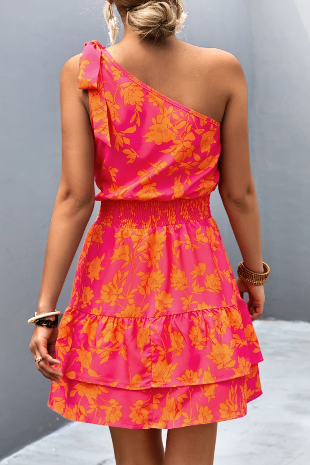 Women’s Floral Smocked Waist Tied One-Shoulder Dress