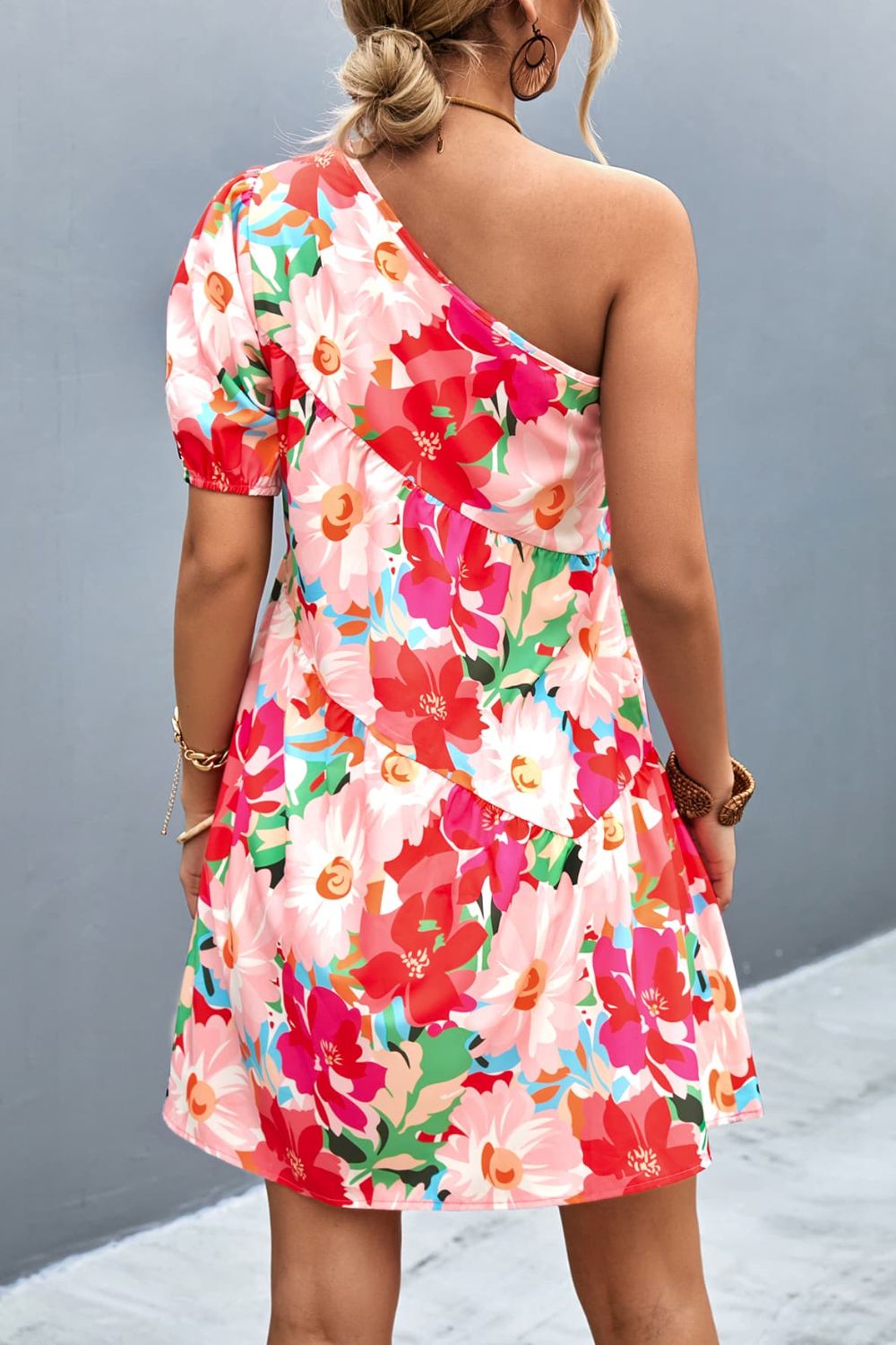 Women’s Floral One-Shoulder Puff Sleeve Dress