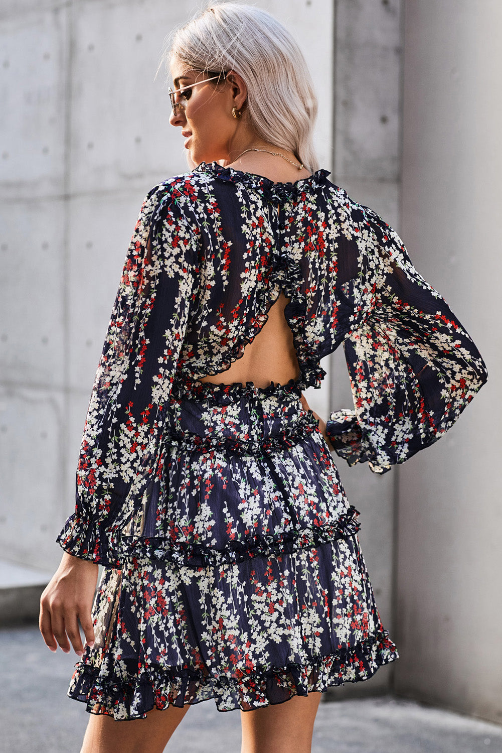 Women’s Floral Frill Trim Plunge Flounce Sleeve Dress