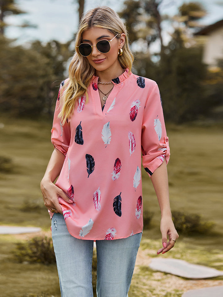 Women’s Printed Roll-Tab Sleeve Notched Neck Blouse