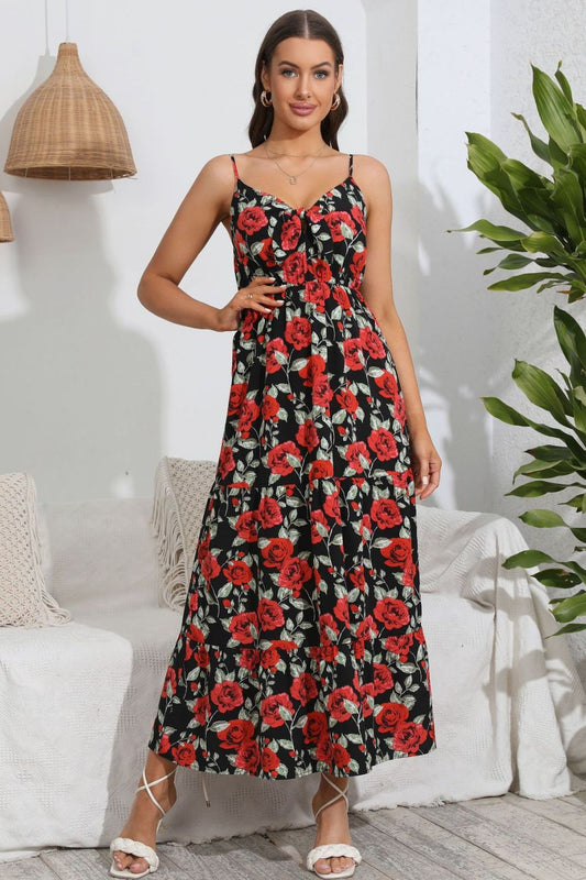 Women’s Rose Print Spaghetti Strap Sweetheart Neck Dress