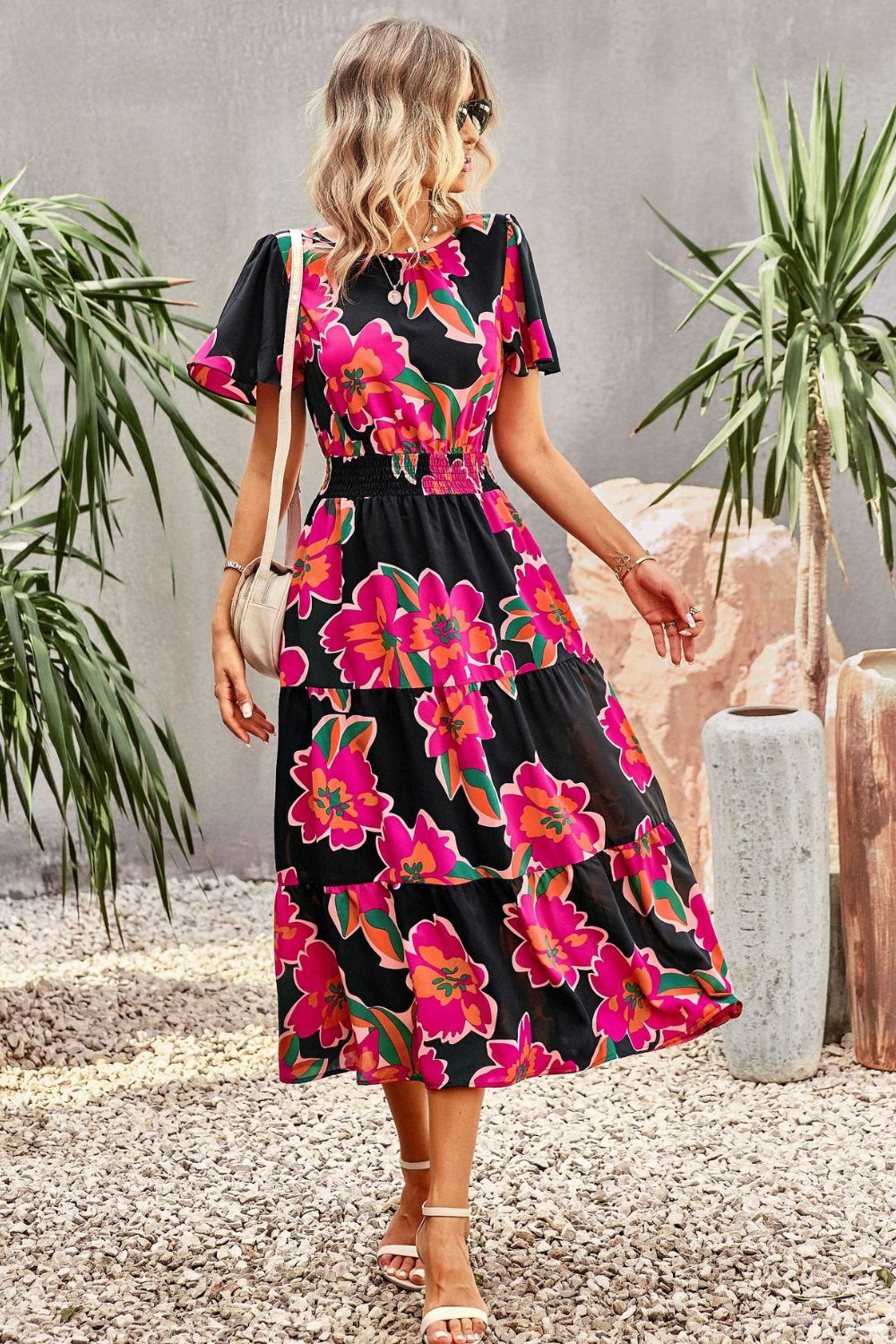 Women’s Floral Puff Sleeve Tiered Midi Dress