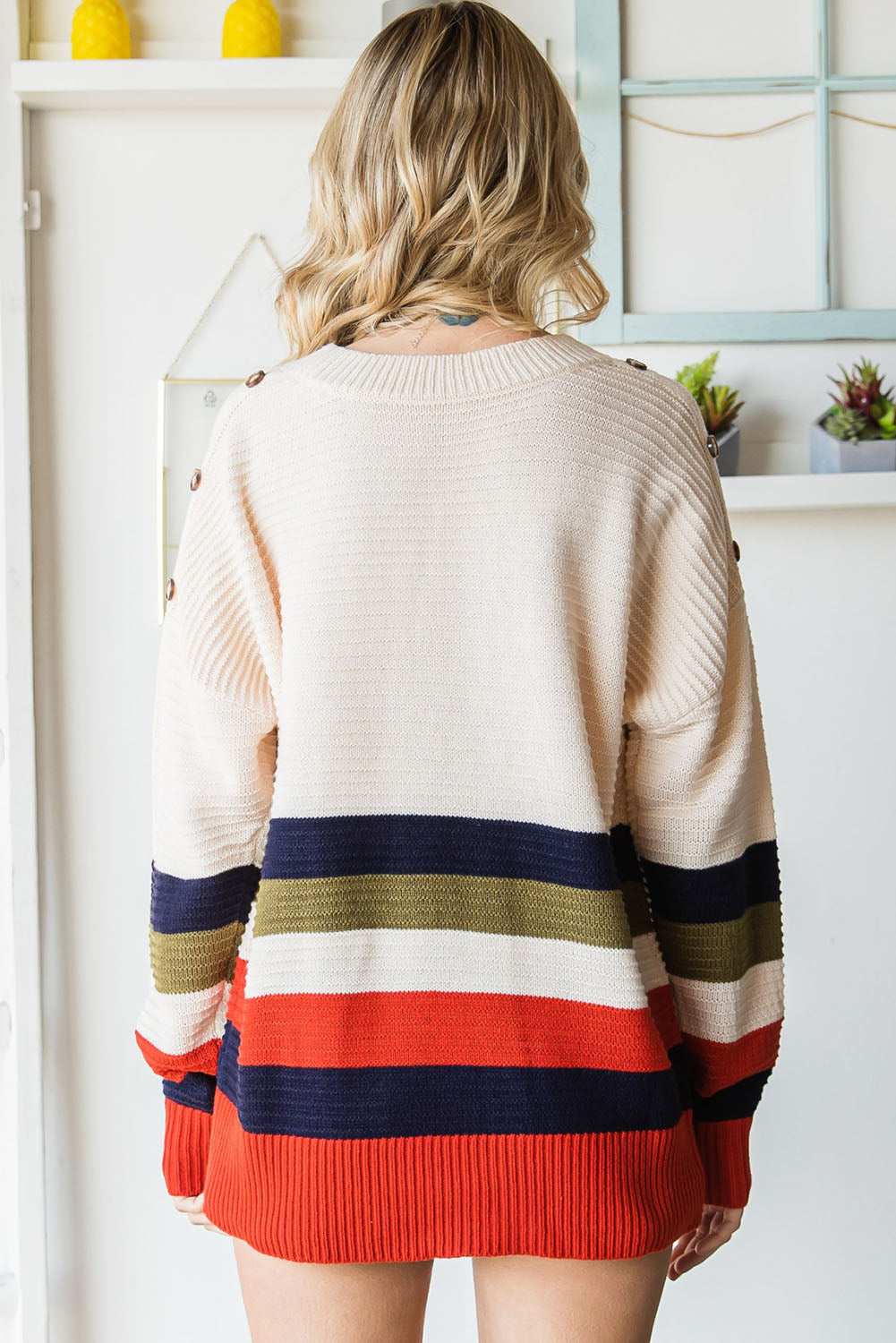 Women’s Striped Round Neck Decorative Button Dropped Shoulder Pullover Sweater