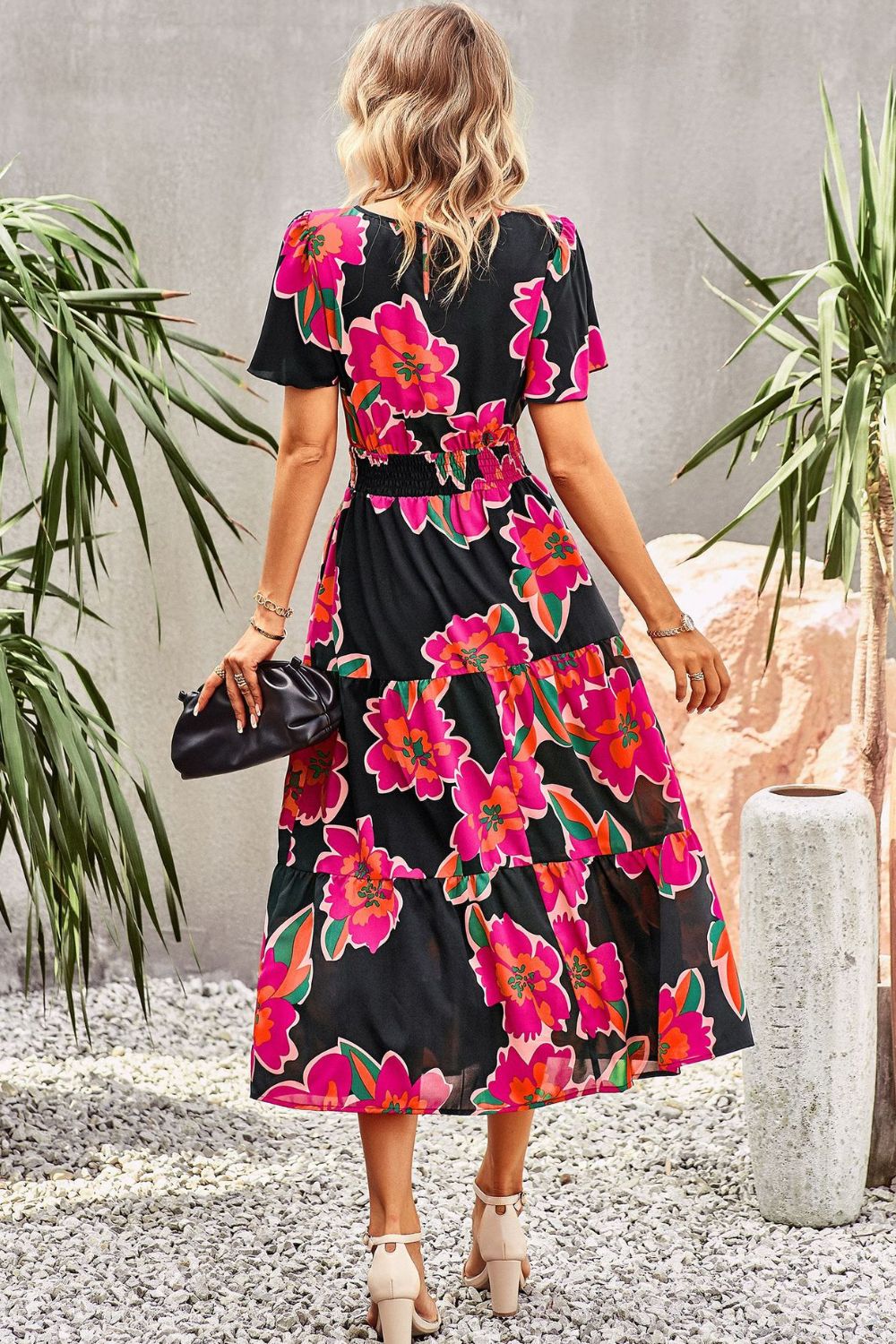 Women’s Floral Puff Sleeve Tiered Midi Dress
