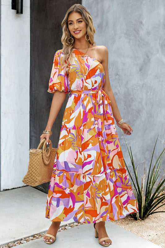 Women’s Printed One-Shoulder Tie Belt Maxi Dress