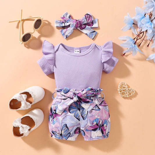 Children’s Girls Ribbed Ruffle Shoulder Bodysuit and Butterfly Print Shorts Set