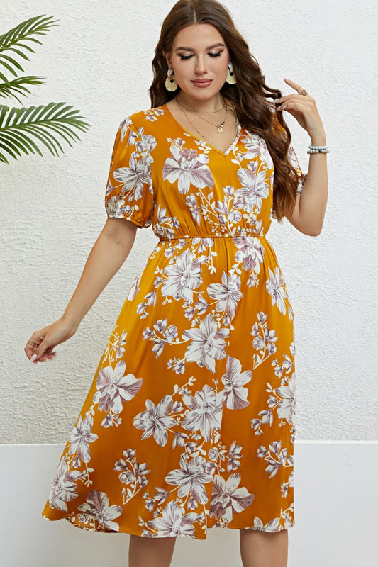 Women’s Floral V-Neck Puff Sleeve Dress