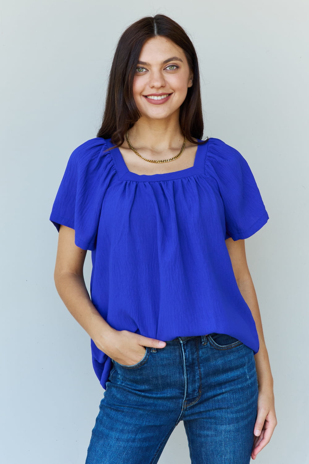 Women’s Ninexis Keep Me Close Square Neck Short Sleeve Blouse in Royal