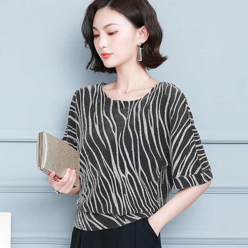 Women’s  Short Sleeve Striped  Women Cotton Casual O Neck Shirt