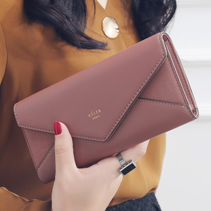 Women’s 3 Fold Designer Envelope Leather Female Long Wallet Phone Pocket