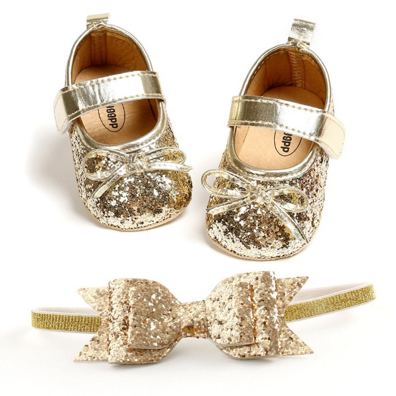Baby Girl Sequins Bow Knot Walking Shoes & Headband Set 0-18M