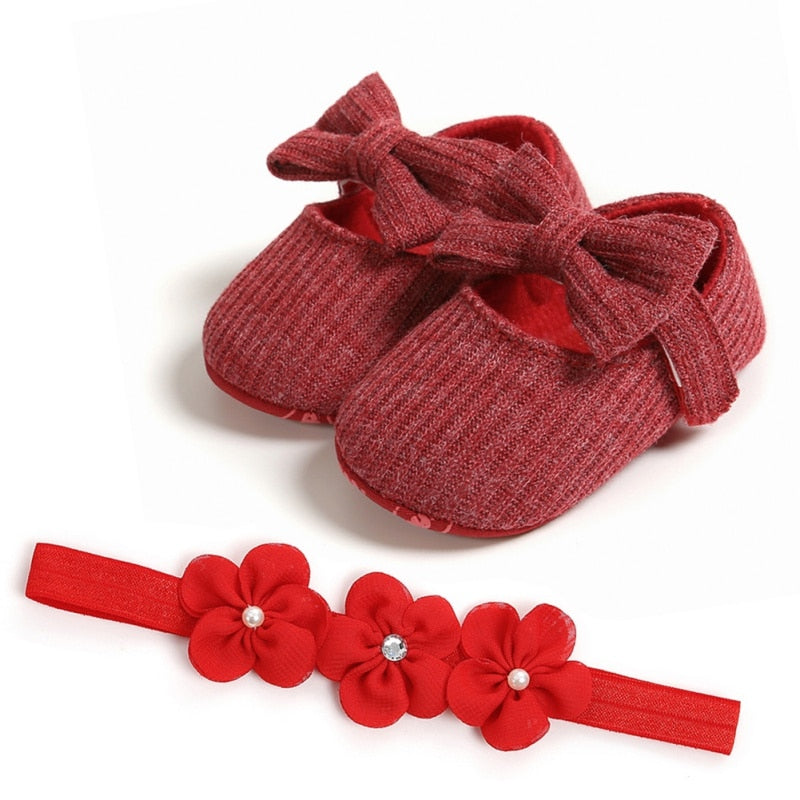 Baby Girl Sequins Bow Knot Walking Shoes & Headband Set 0-18M