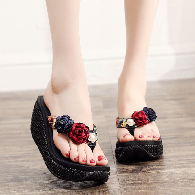 Women’s Wedge Non-Slip Floral Flip Flop Sandals Size 35-40