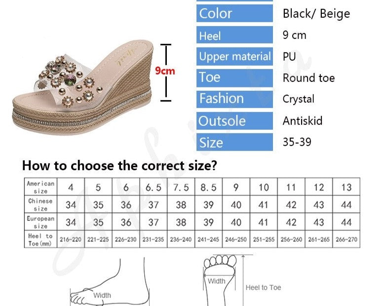 Women’s Crystal Platform Wedge Sandals Peep Toe Size 35-39 Heel Height 9cm