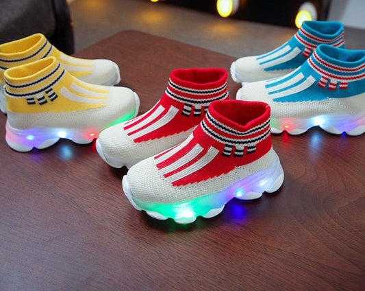 Children’s Boys Breathable Stretchable Air Mesh Socks Sports Light Up Shoes Size 21-30