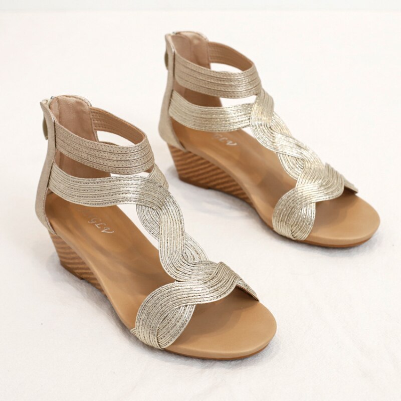 Women’s Soft Leather T Strap Zipper Open Cover Wedges
