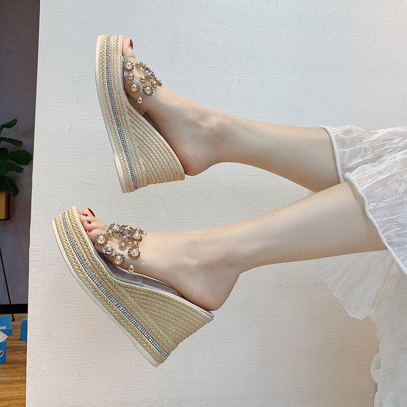 Women’s Crystal Platform Wedge Sandals Peep Toe Size 35-39 Heel Height 9cm