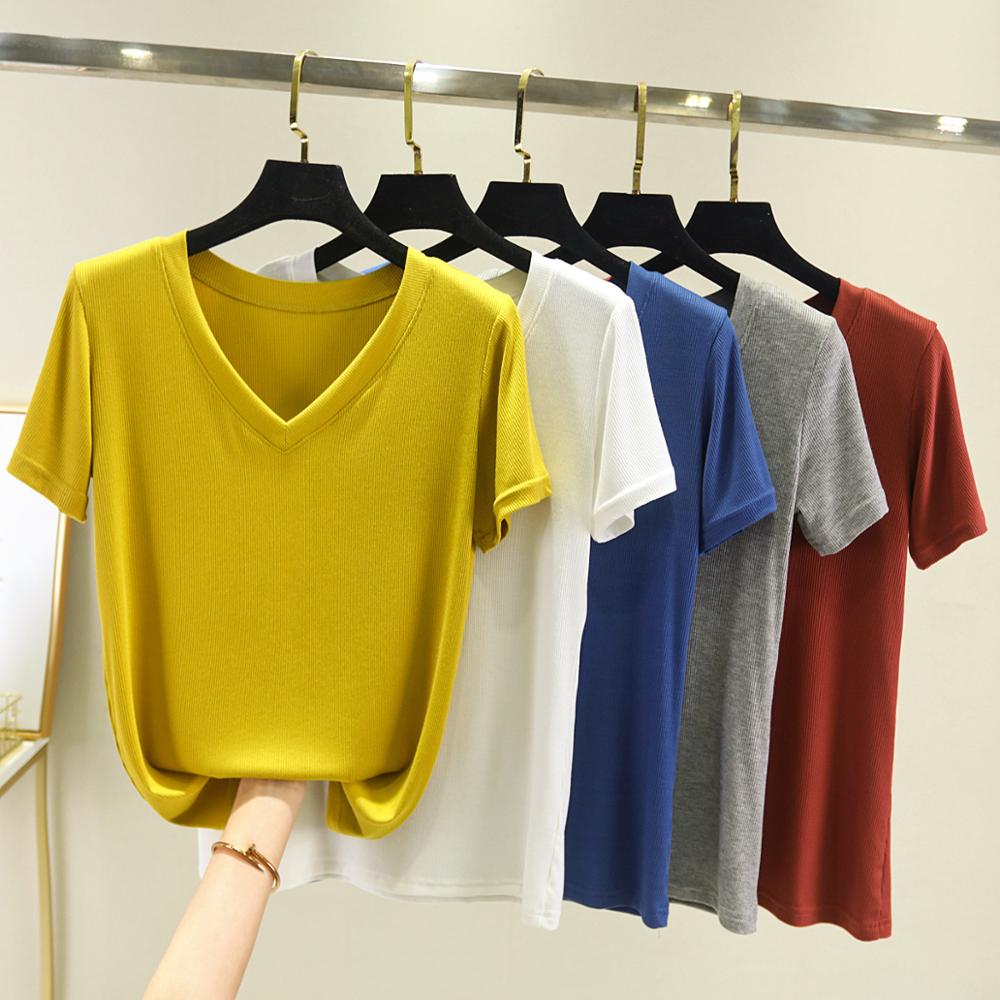 Women’s Ribbed Casual Cotton Short Sleeve V-Neck T-Shirt