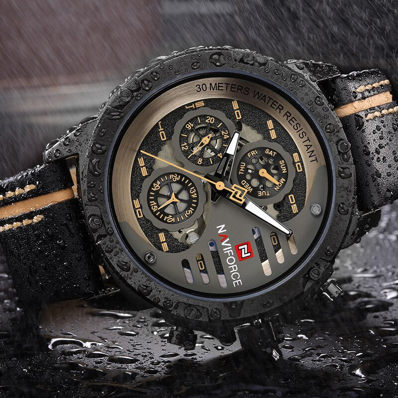 Men’s NAVIFORCE Sports Waterproof With Leather Strap Creative Analog Quartz Wrist Watch