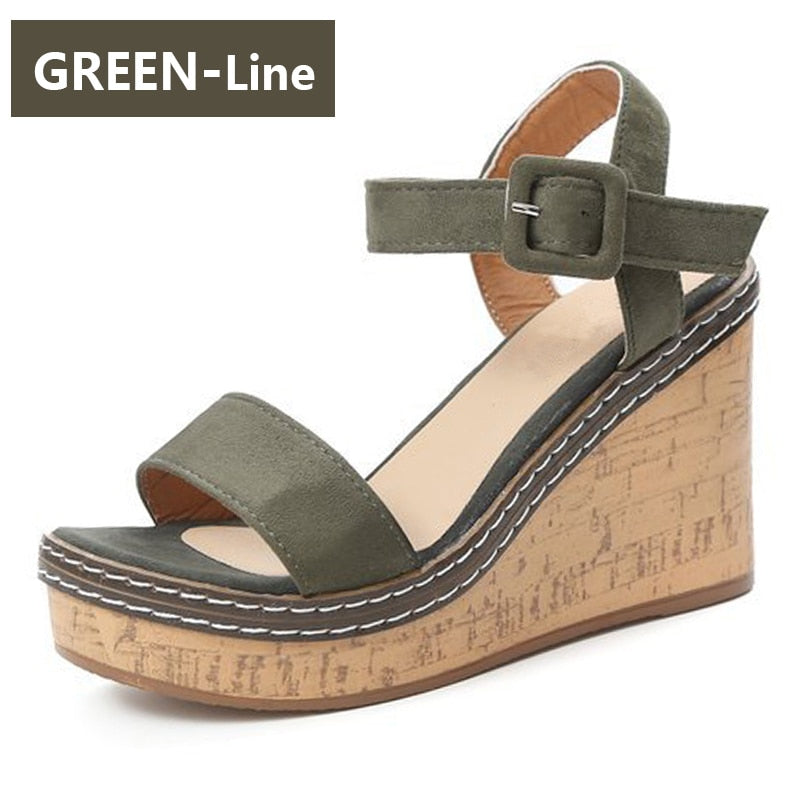 Women’s Wedge Peep Toe Buckle Platform Canvas High Heel Sandals Size 4-9 Platform Height 3-5cm