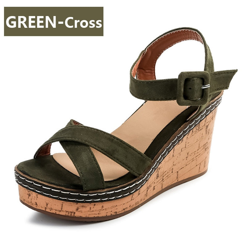 Women’s Wedge Peep Toe Buckle Platform Canvas High Heel Sandals Size 4-9 Platform Height 3-5cm