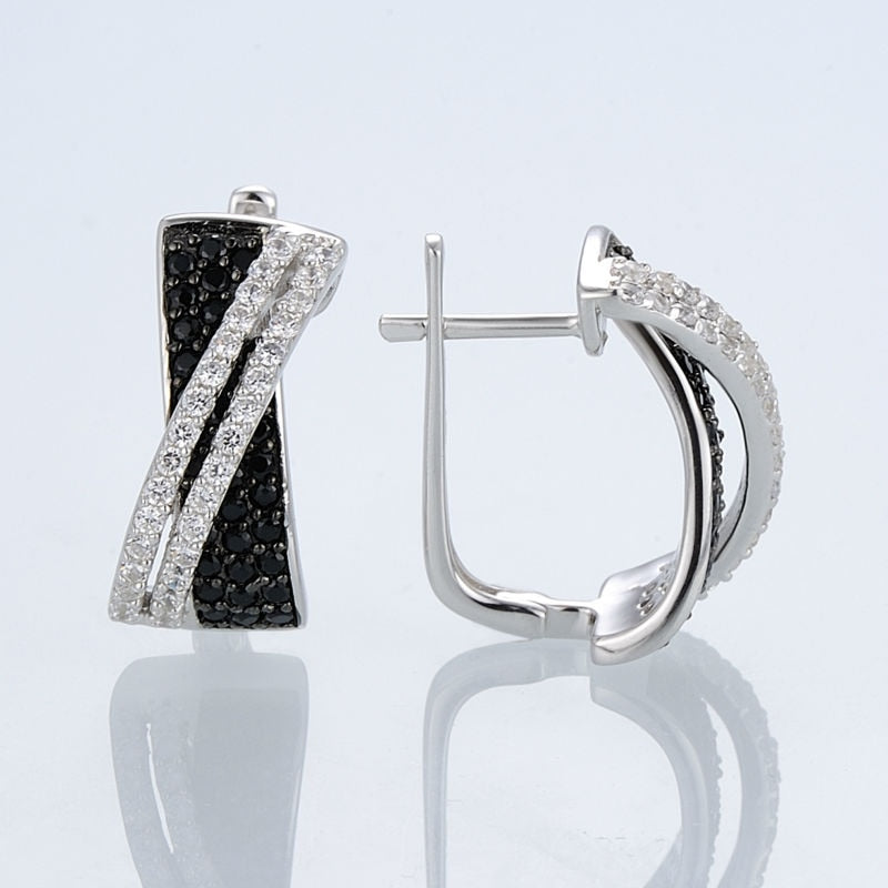 Women’s Sparkling Black White CZ Ring & Earrings Set 925 Sterling Silver Jewelry