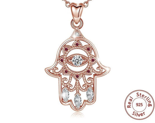 Women’s 925 Sterling Silver Zircon Hamsa Hand of Fatima Rose Gold Necklace Weigh 0.11oz Pendant Dimensions 1.19”x0.73” Chain Length 18”