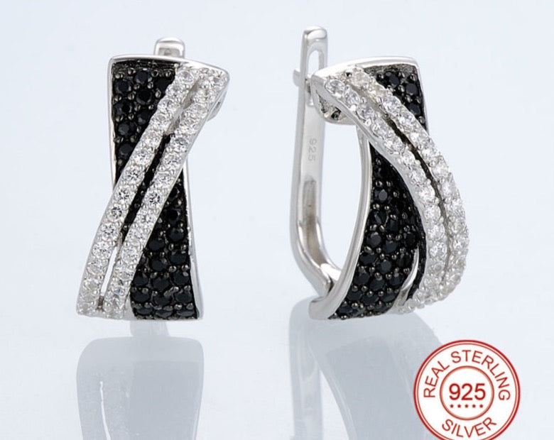 Women’s Sparkling Black White CZ Ring & Earrings Set 925 Sterling Silver Jewelry