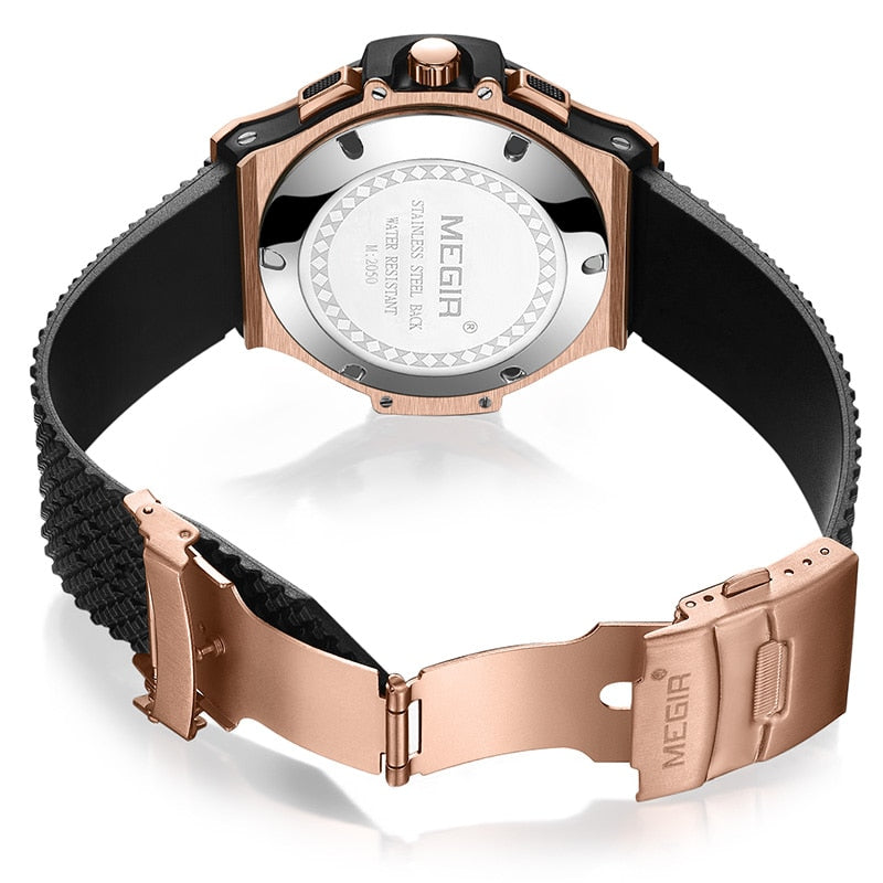 Men’s Quartz Gold Rubber Band 3ATM Water Resistant Chronograph Quartz Wrist Watch